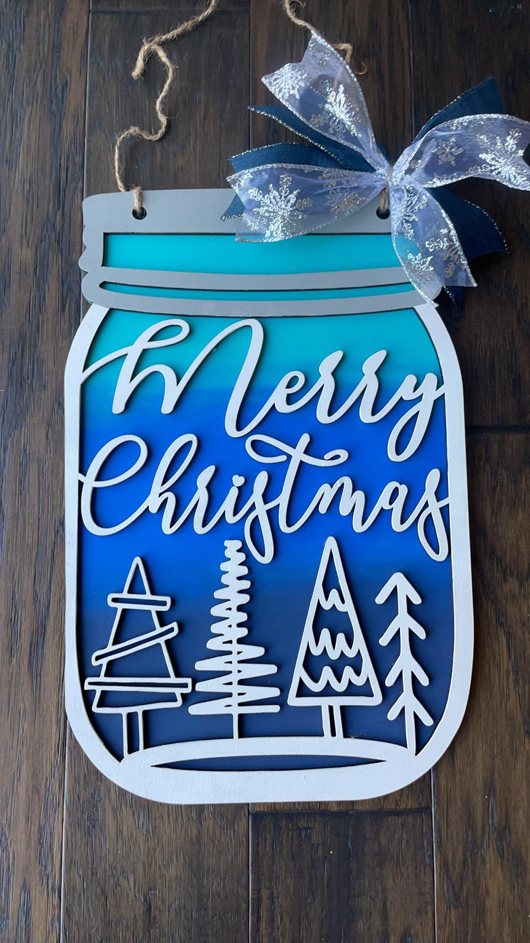3D Door Hanger Merry Christmas with trees Mason Jar