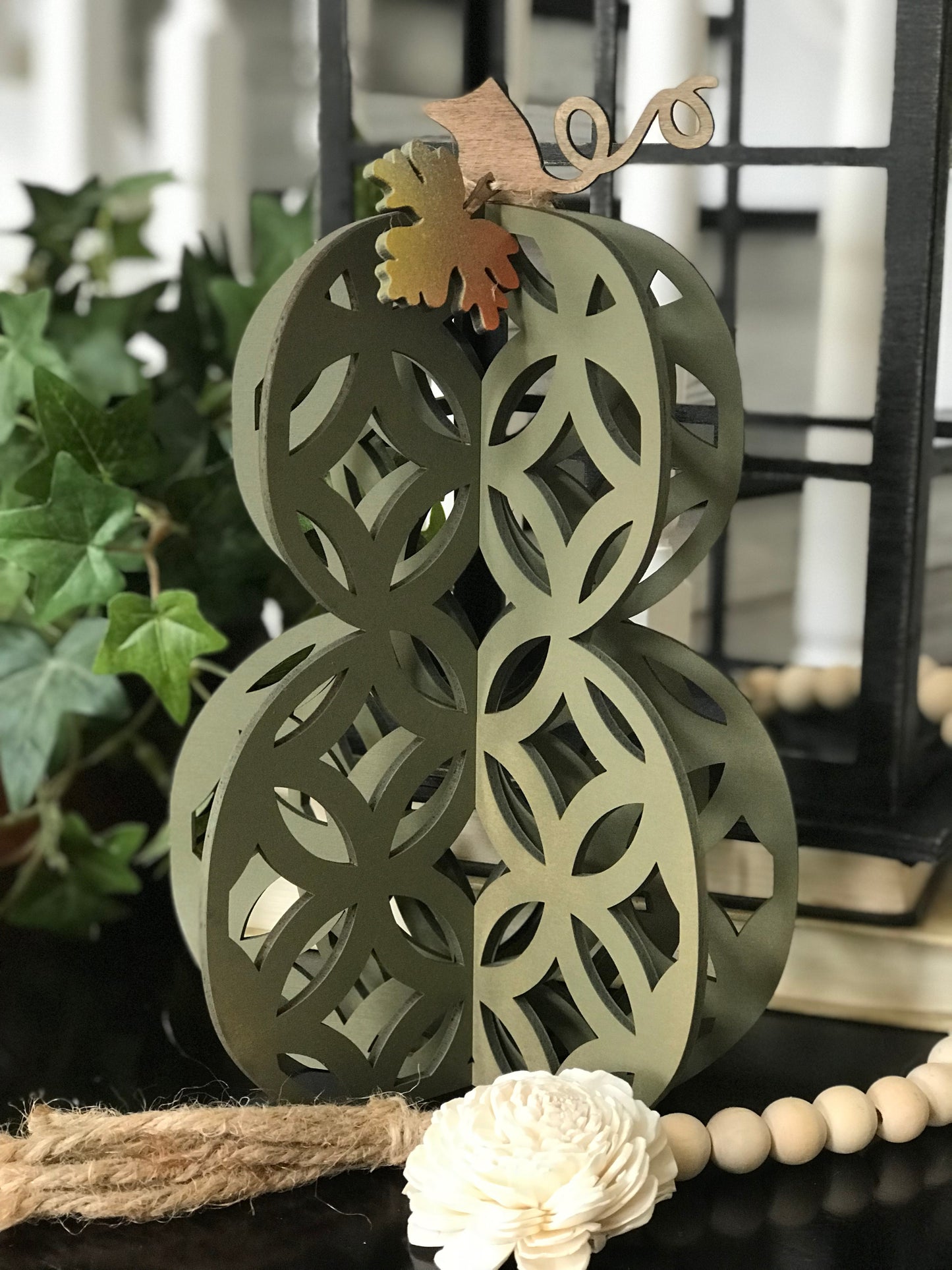 3D Decorative Standing Double Stacked Pumpkins with Leaf