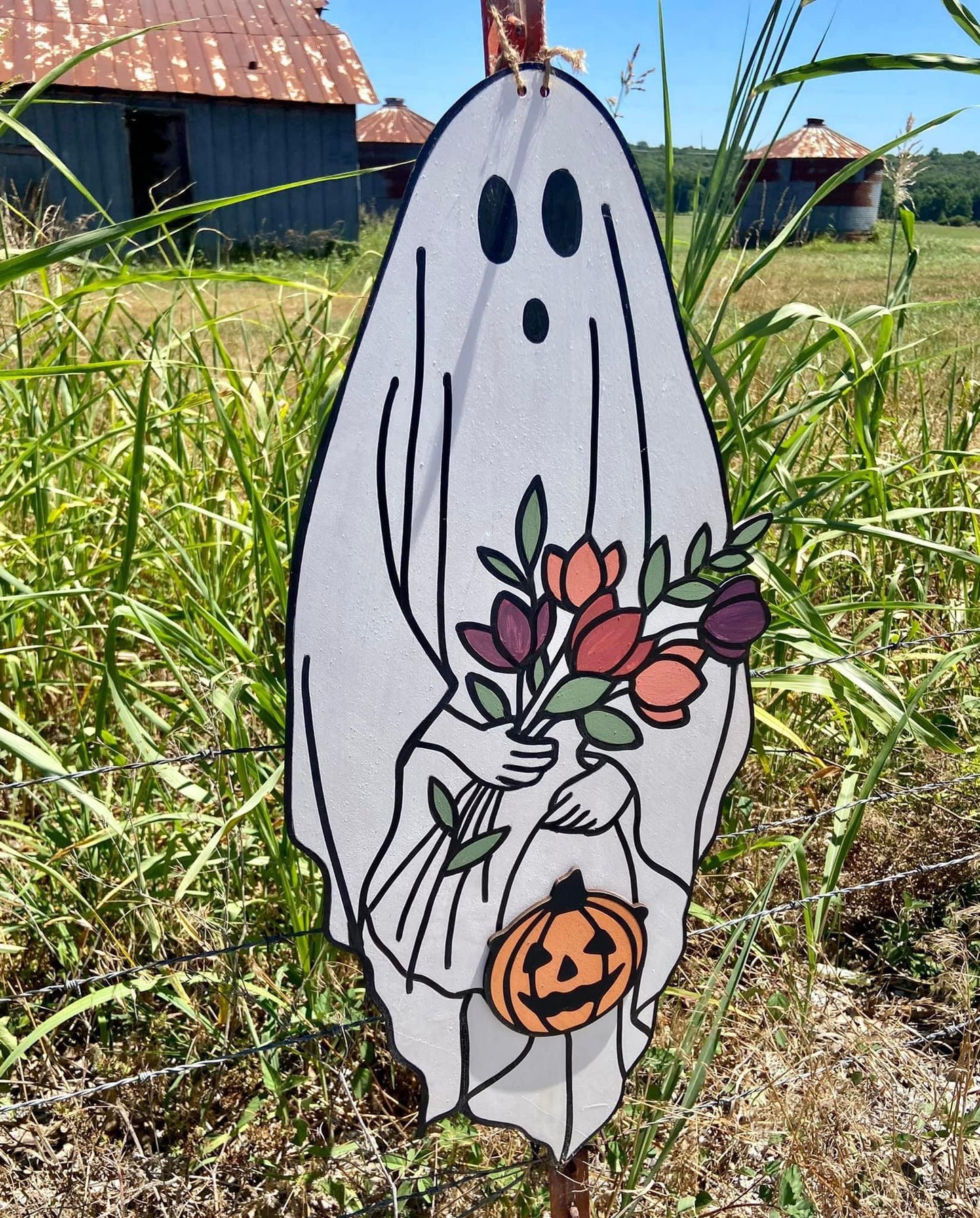 3D Door hanger - Ghost with flowers and pumpkin
