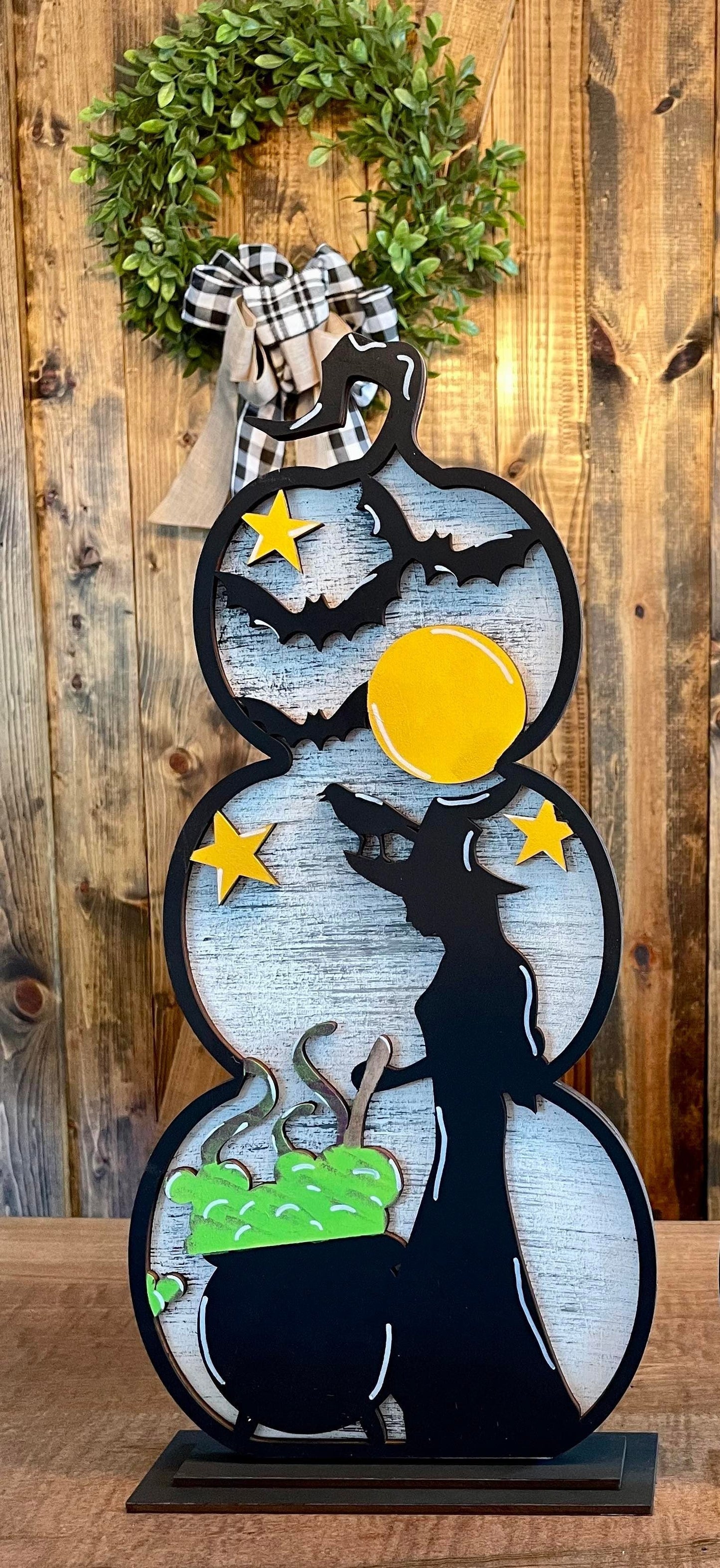 3D Standing Stacked Pumpkins Witch and Witch Brew