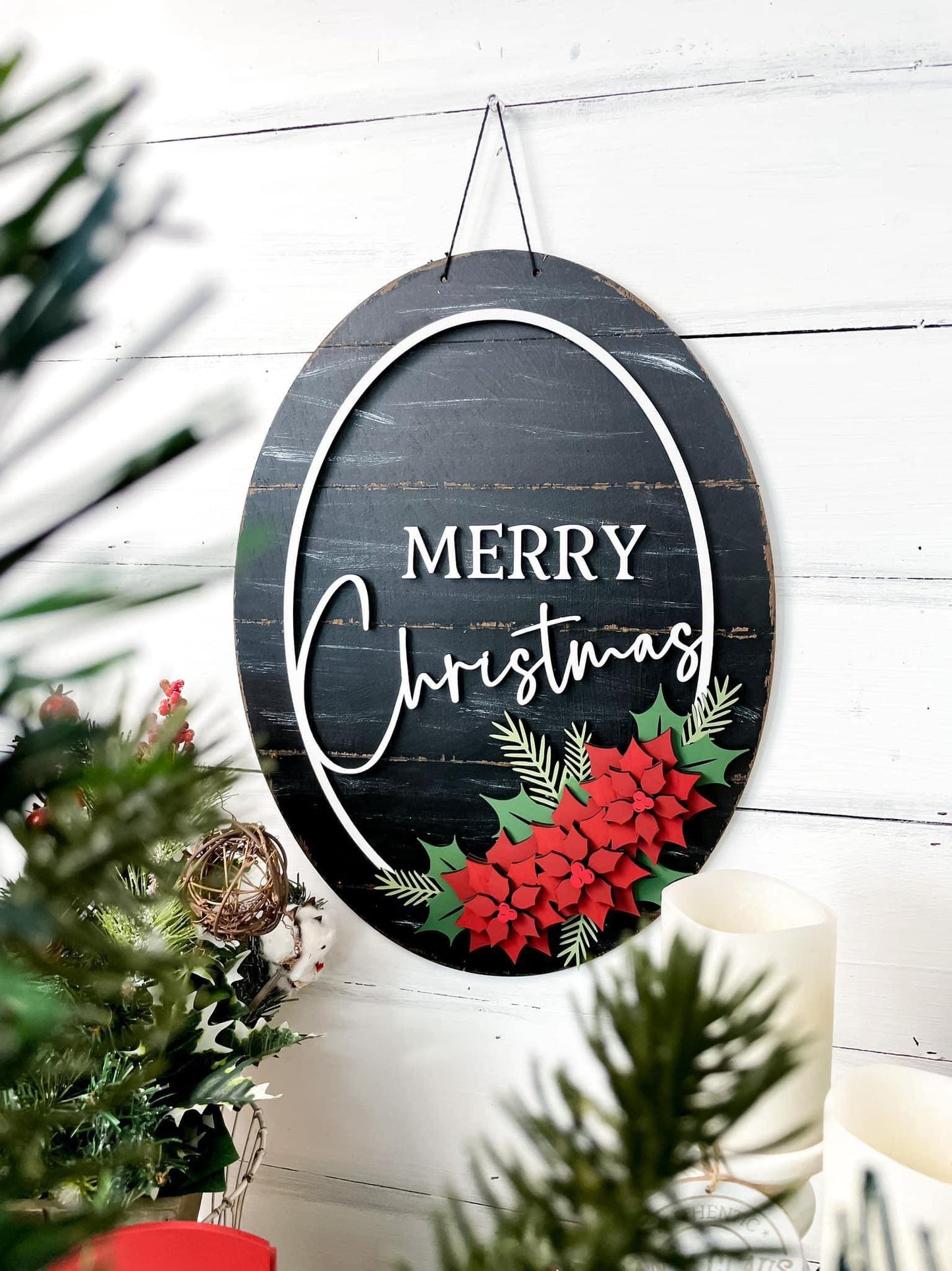 3D Door hanger - Merry Christmas with border and poinsettias