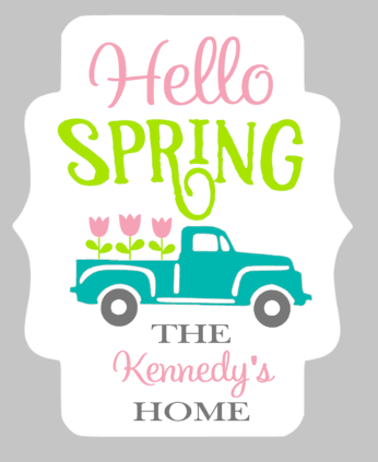 Door hanger Hello Spring truck with family name