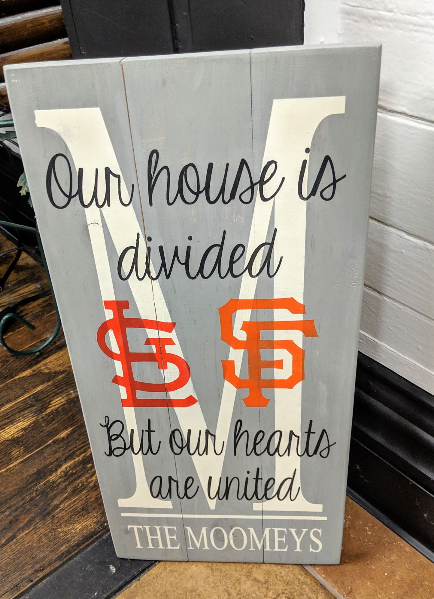 Our house is divided but our hearts are united-Cardinals and Cubs-Family name and initial