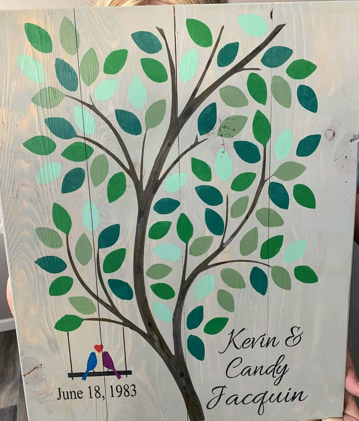 Tree with swinging birds-name and date