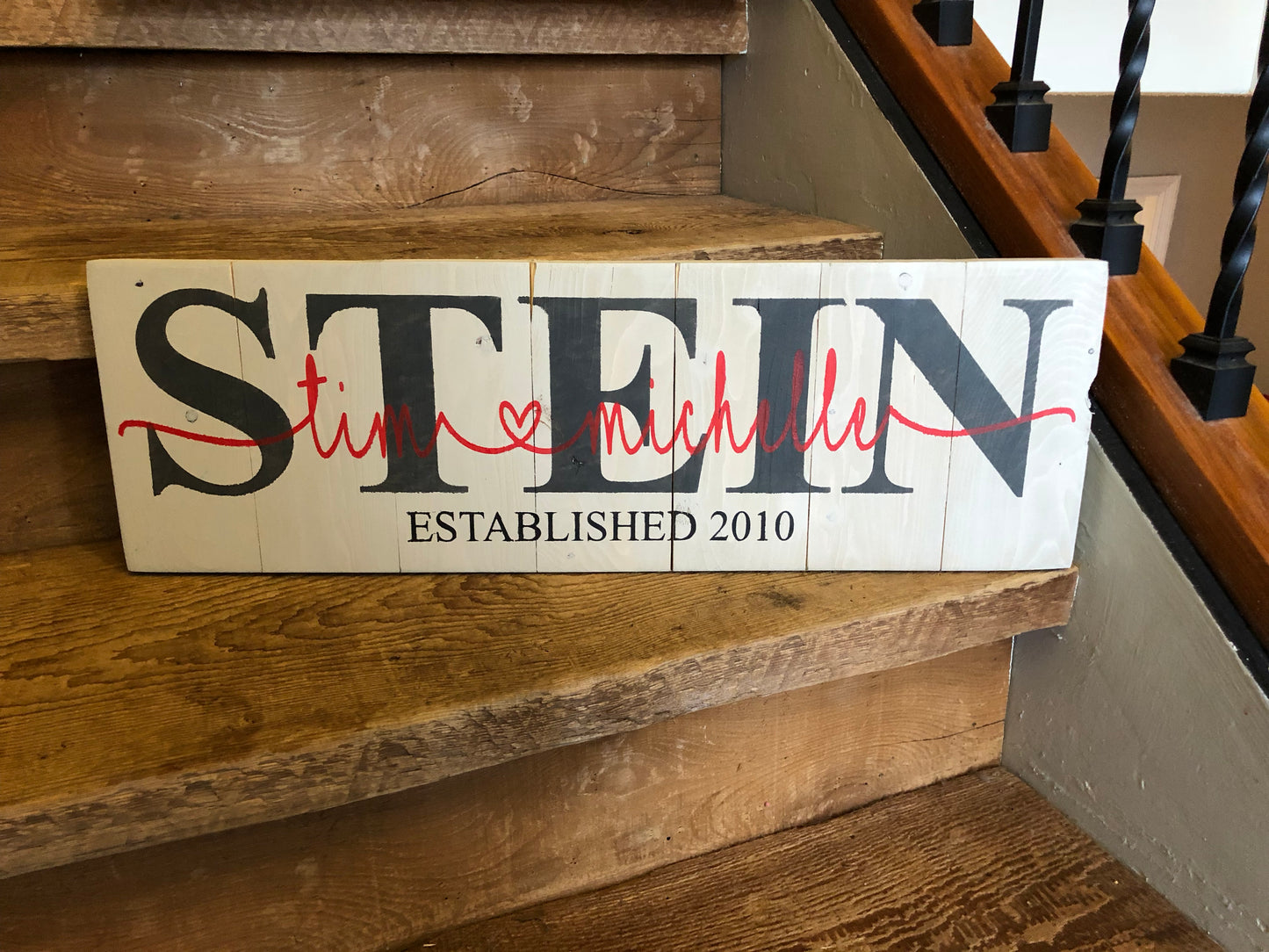 Family est Brawley design with first names connected by a heart