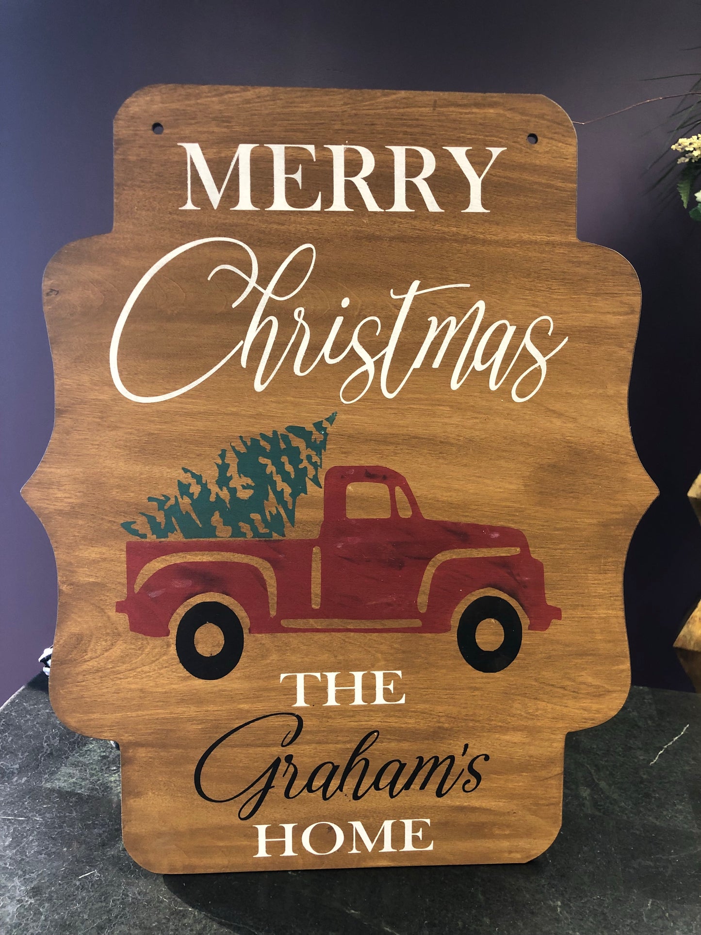 Door hanger Merry Christmas truck with tree and family name
