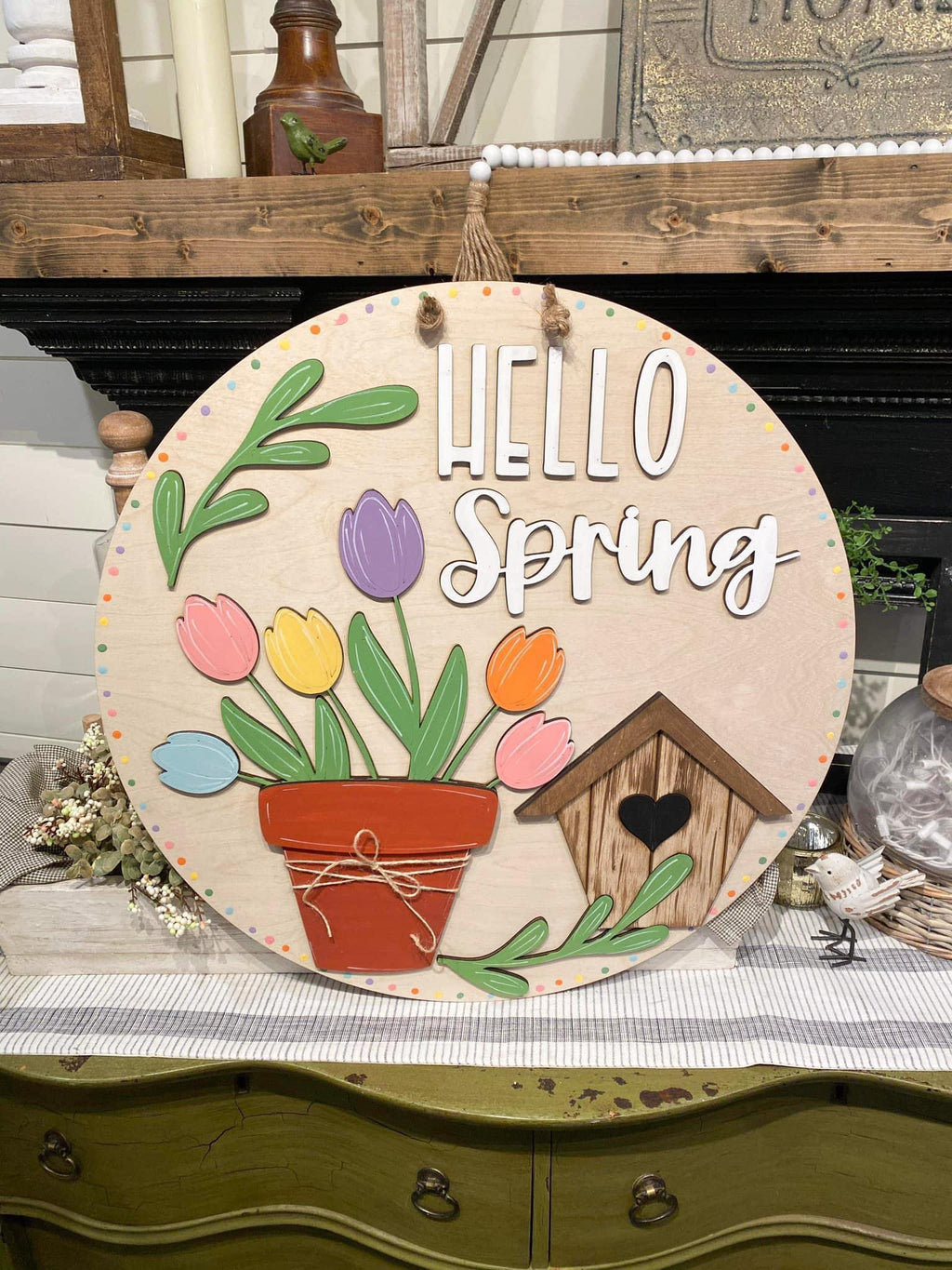 3D Door hanger Hello Spring with Tulips and Birdhouse