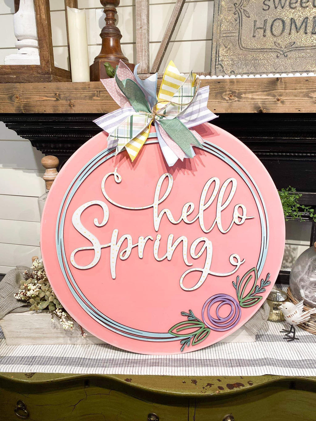 3D Door hanger Hello Spring with Circle Border and Flower
