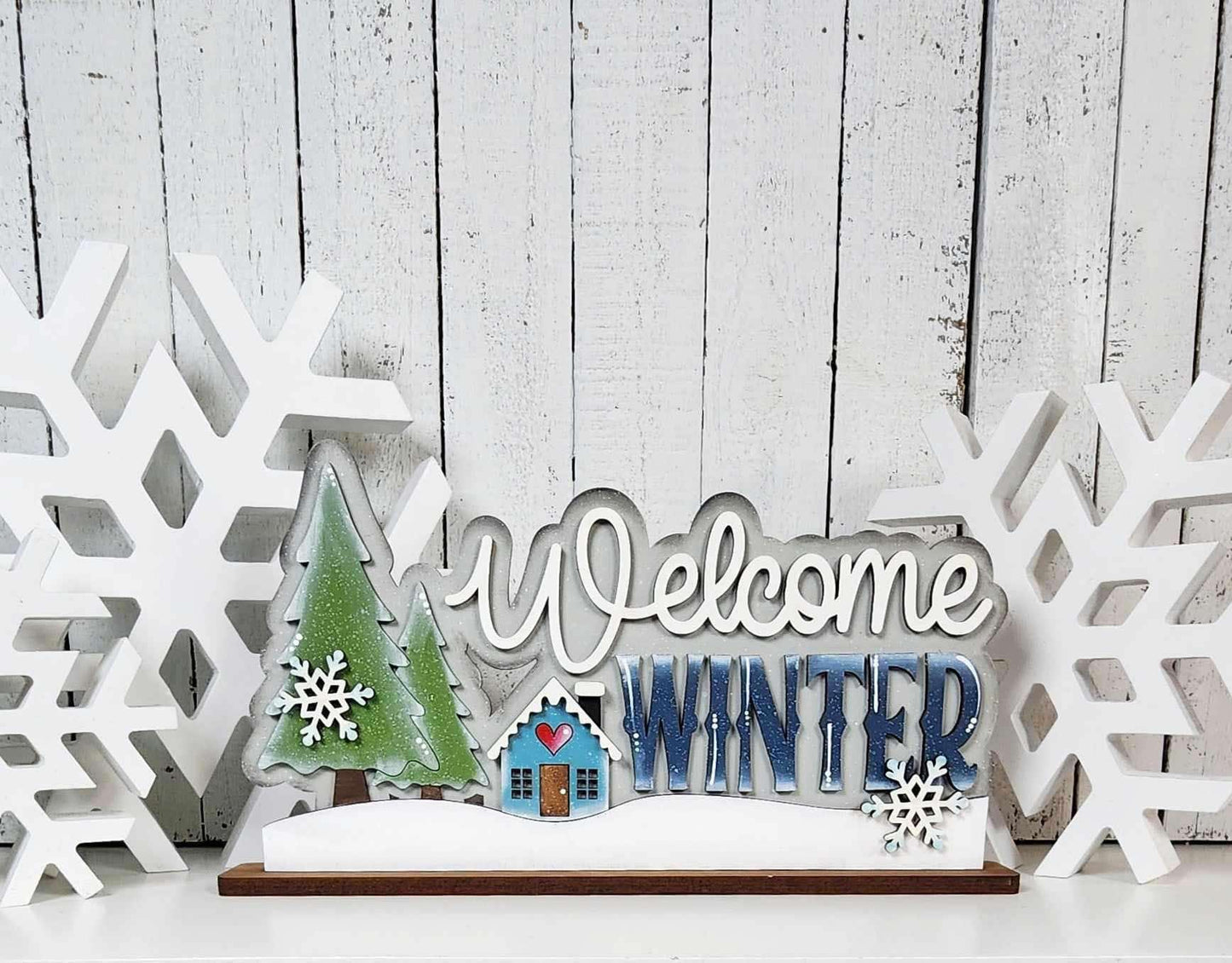 3D Standing Welcome Winter with House and Trees Display