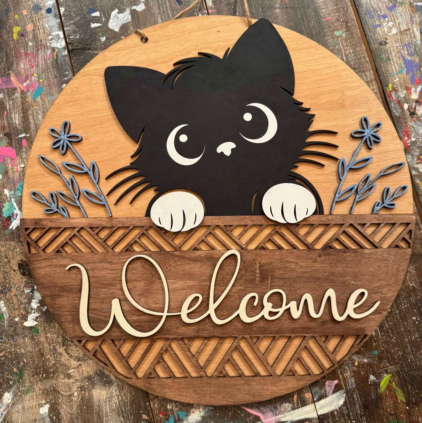 3D Door hanger - Welcome with Cat and Flowers