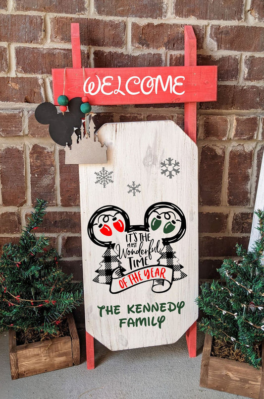 Winter Sled - It's the most wonderful time of the year - Mouse with family name and welcome