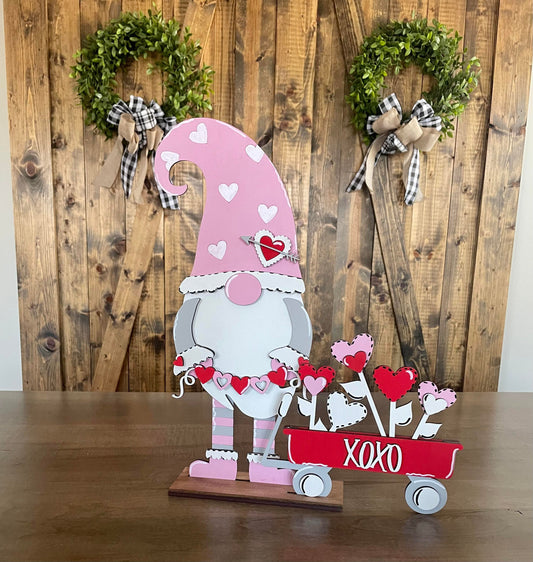 3D Standing Valentine's Day Gnome with wagon full of hearts
