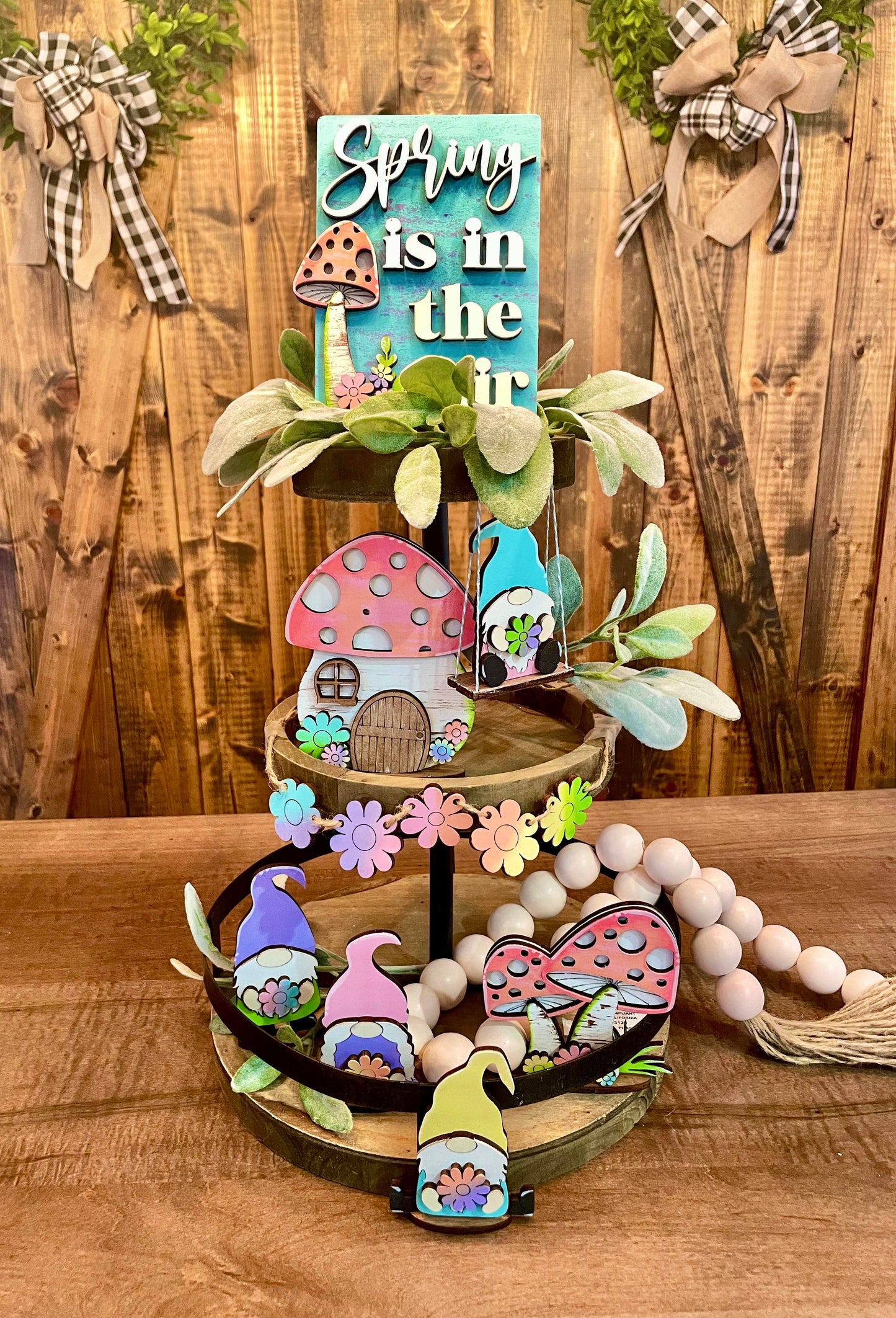 3D Tiered Tray Decor - Spring is in the air with Gnomes and Mushrooms