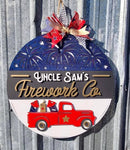 3D Door hanger Uncle Sam's Firework Co with Truck of Fireworks