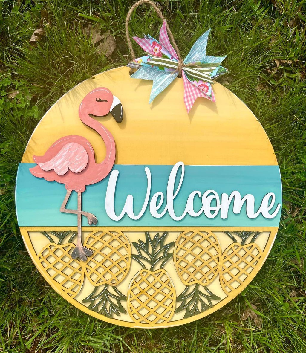 3D Door hanger - Welcome Flamingo Split Pineapples