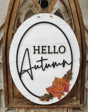 3D Door hanger - Hello Autumn Oval with border and leaves