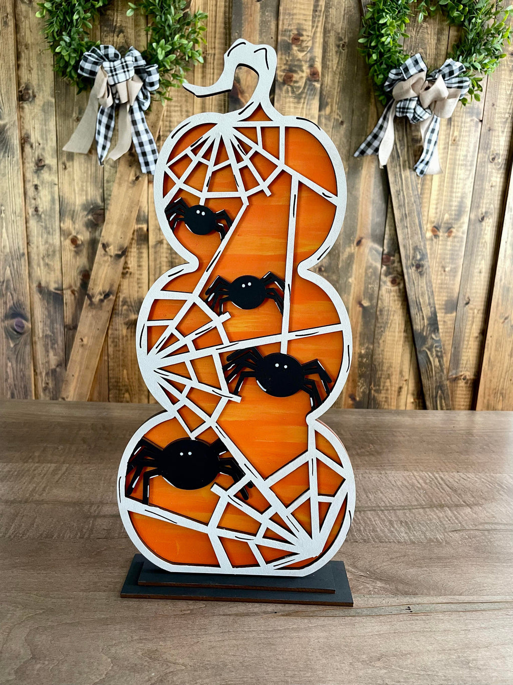 3D Standing Stacked Pumpkins with Spiders and Webs