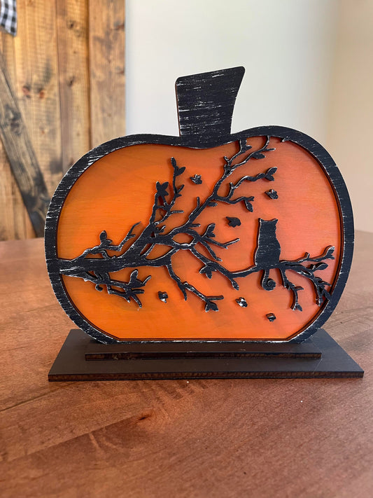 3D Decorative Standing Pumpkin with branches and cat