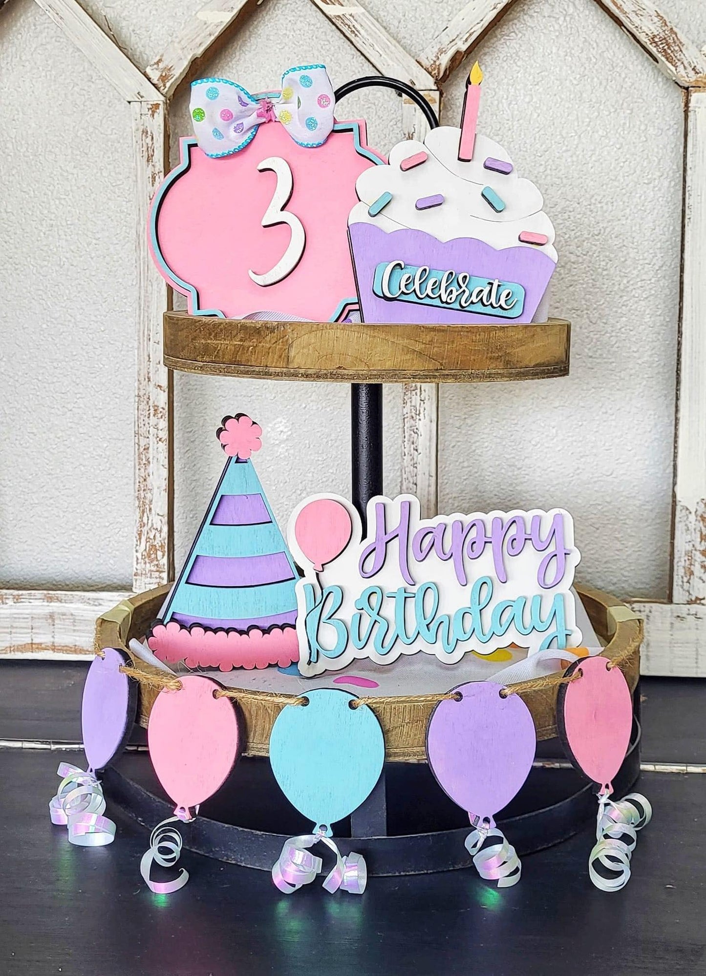 3D Tiered Tray Decor - Happy Birthday with balloon banner