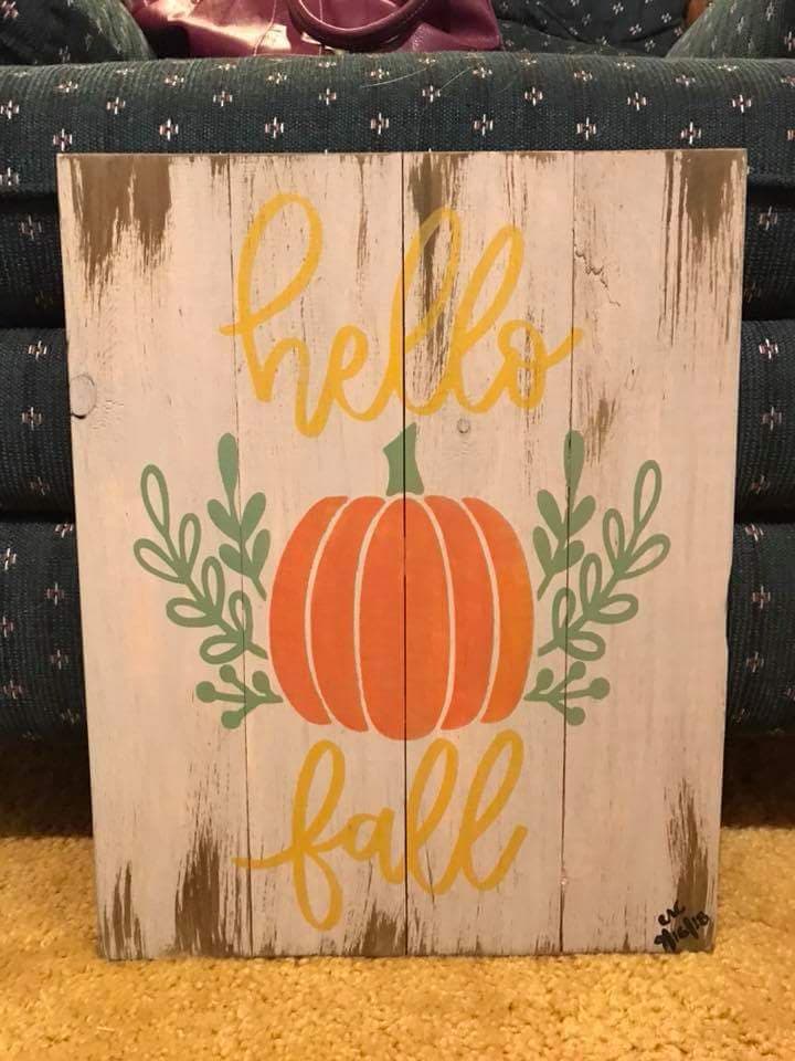 Hello fall with leafy pumpkin