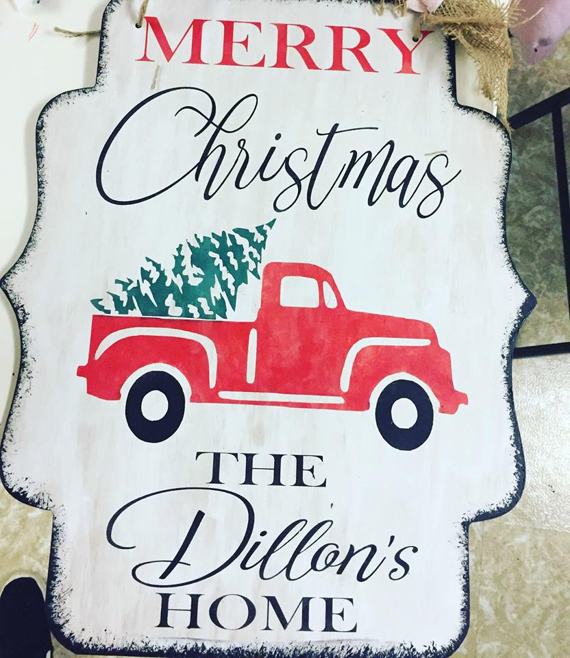 Door hanger Merry Christmas  truck with tree and family name