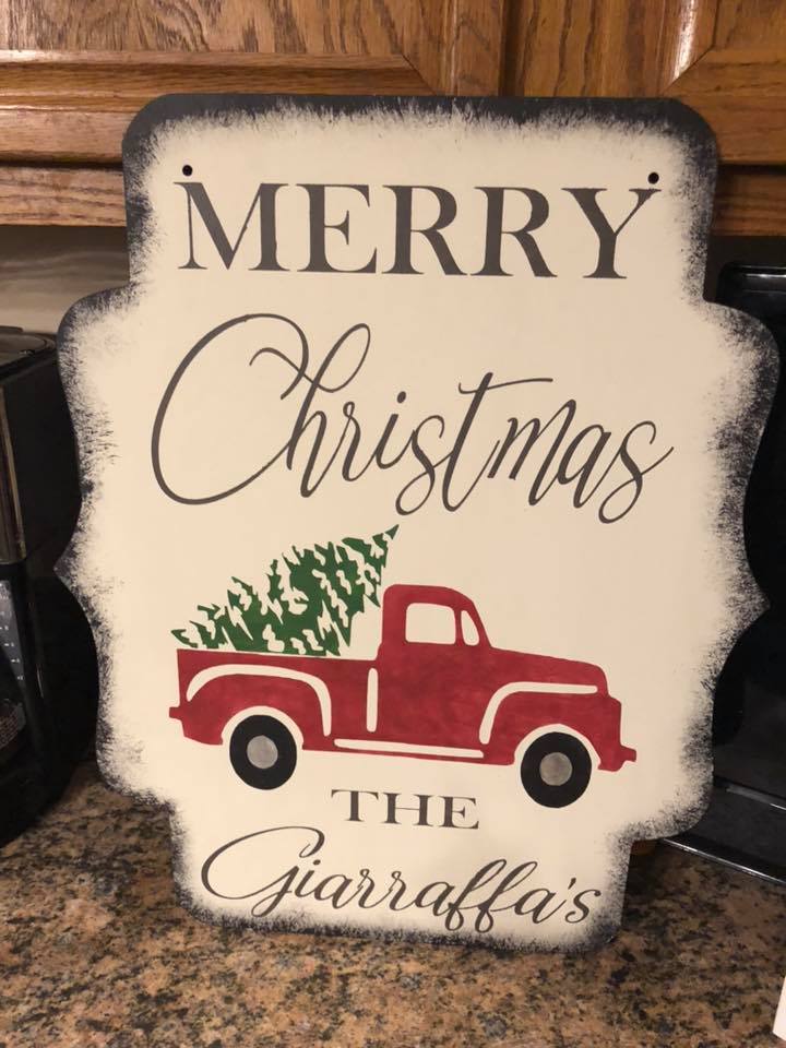 Door hanger Merry Christmas  truck with tree and family name