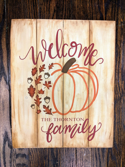 Welcome with family name - Pumpkin acorns and leaves