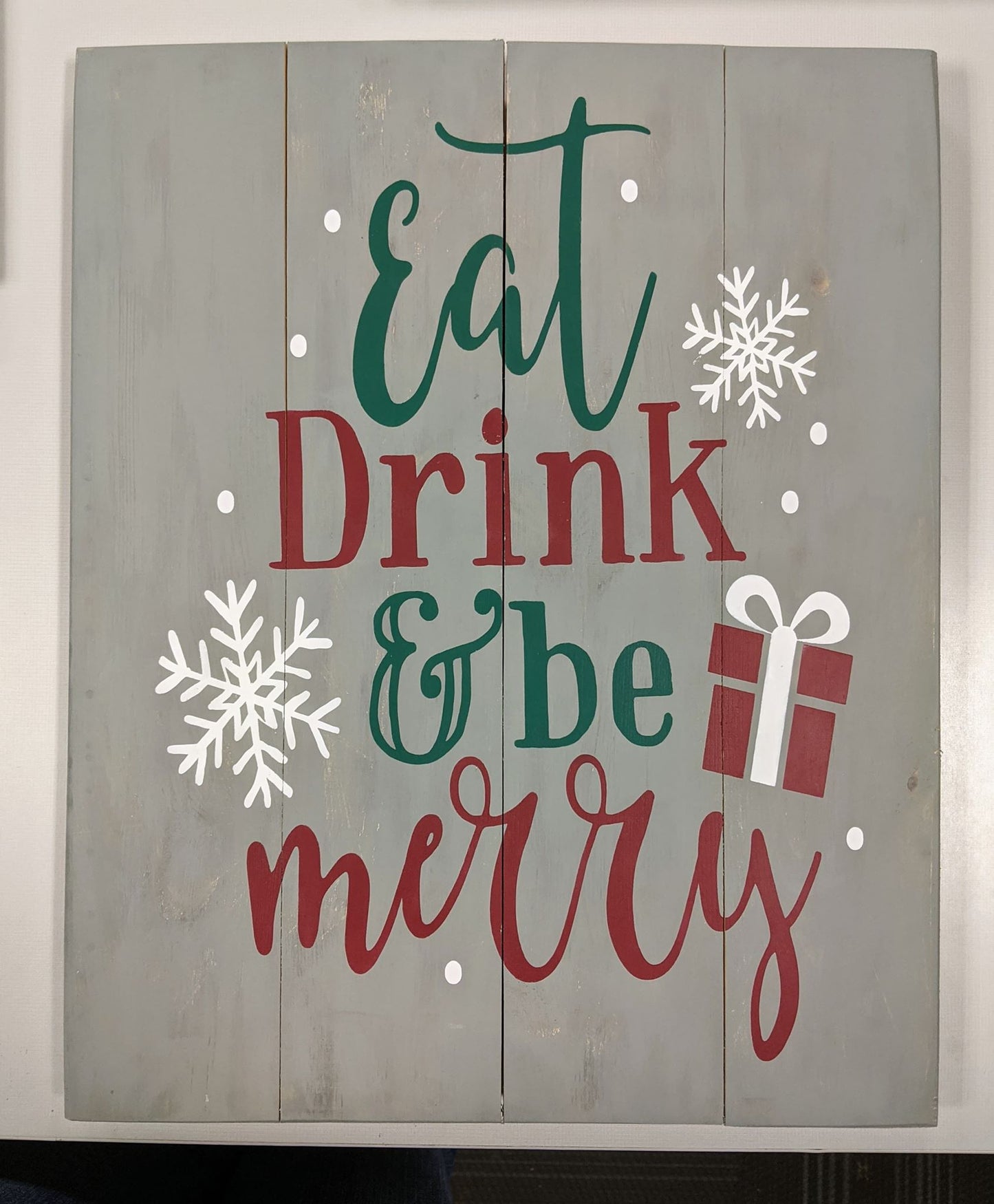 Eat drink and be merry with snowflakes and present