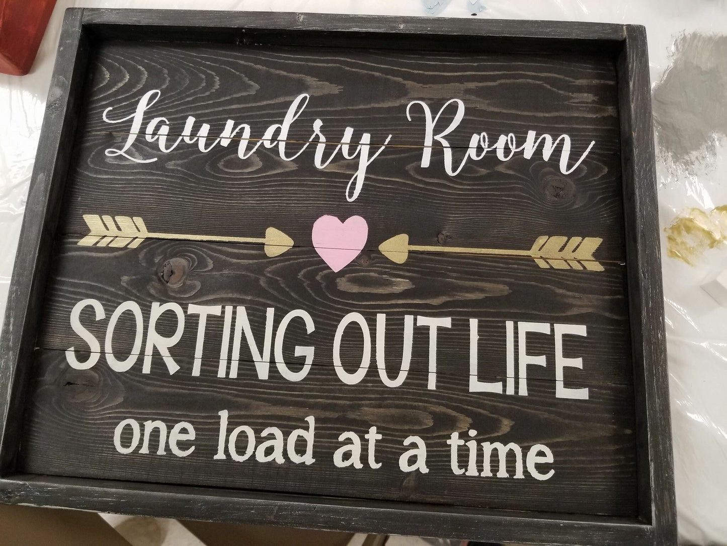 Laundry room sorting out life one load at a time with arrows