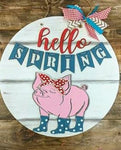 Door hanger Round- Hello Spring with Pig
