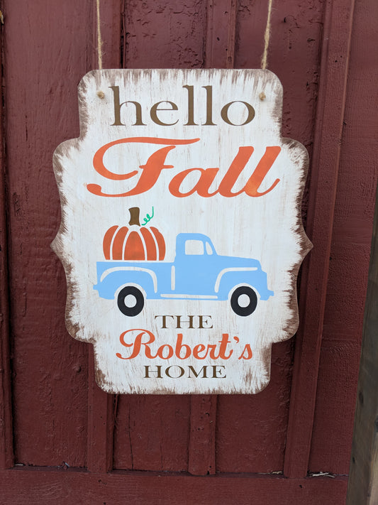 Door hanger Hello Fall truck with pumpkin and family name