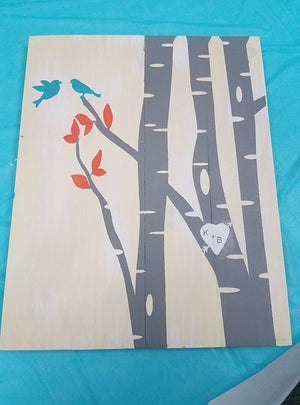 Tree with birds-couple initials in heart